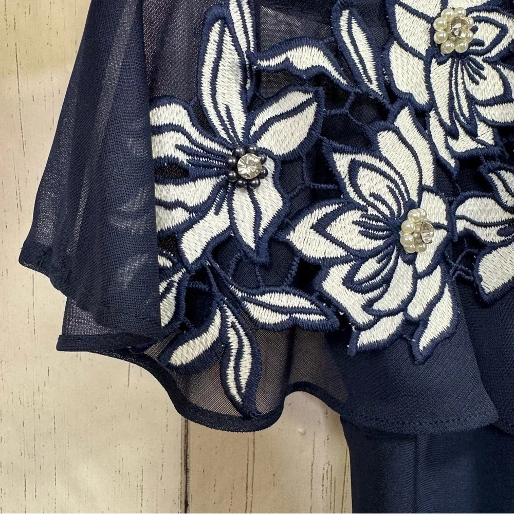MSK Navy Illusion Off The Shoulder Floral Appliqué Dress Elegant Evening Chic